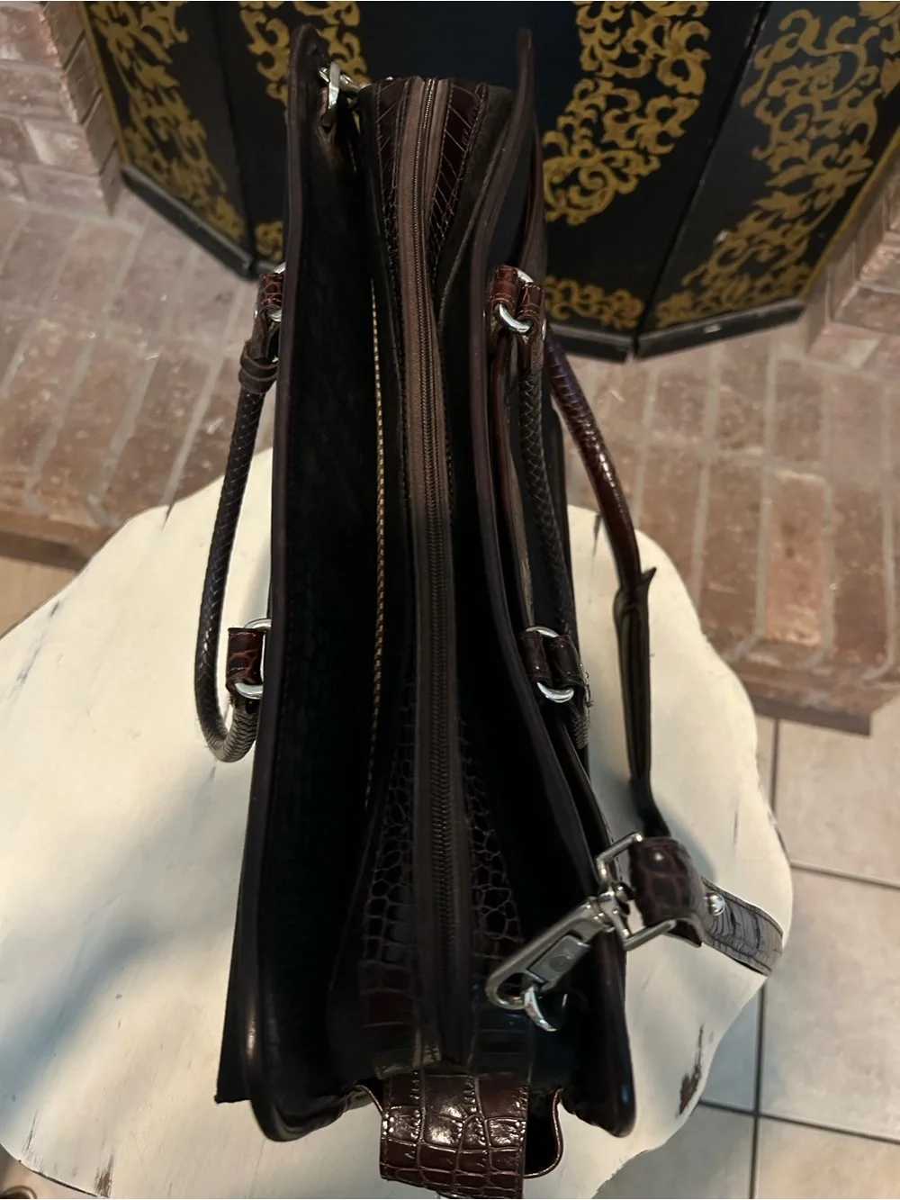 BRIGHTON Martha Black Brown Croc Leather Laptop Briefcase Shoulder Bag Tote